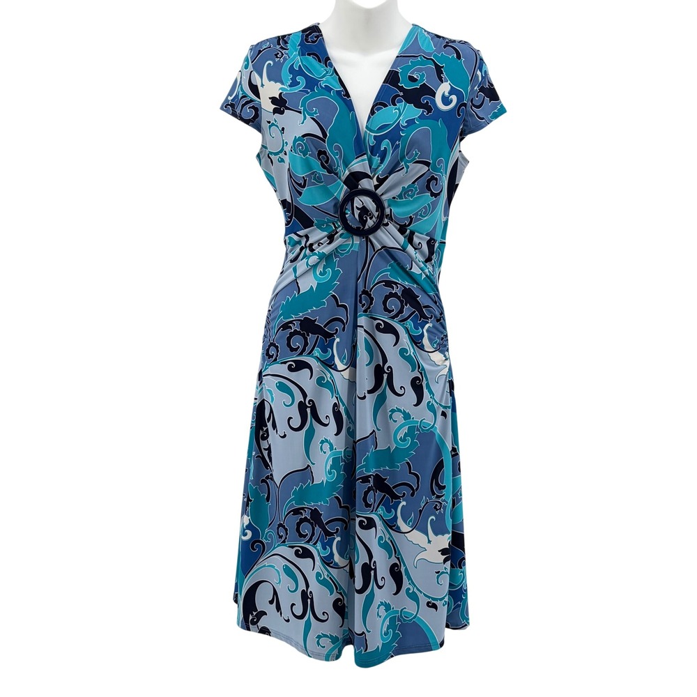 B. Moss Paisley Dress Women S Blue Vintage Y2K Ruched O-Ring Made in USA Retro